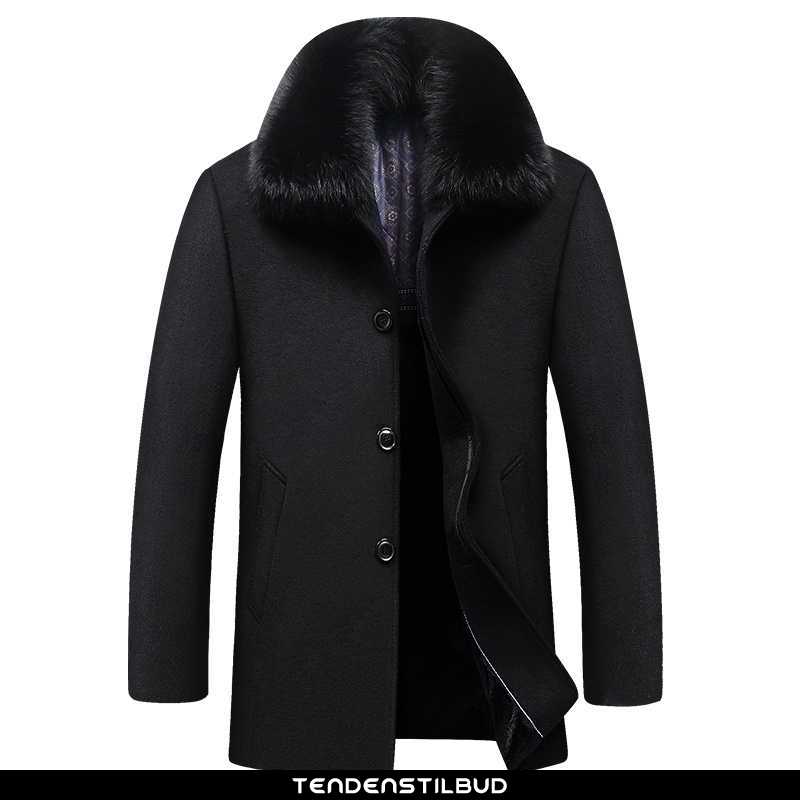 Frakke trenchcoat uldfrakke herre bomuld varm uld tykke vinter lang sort -